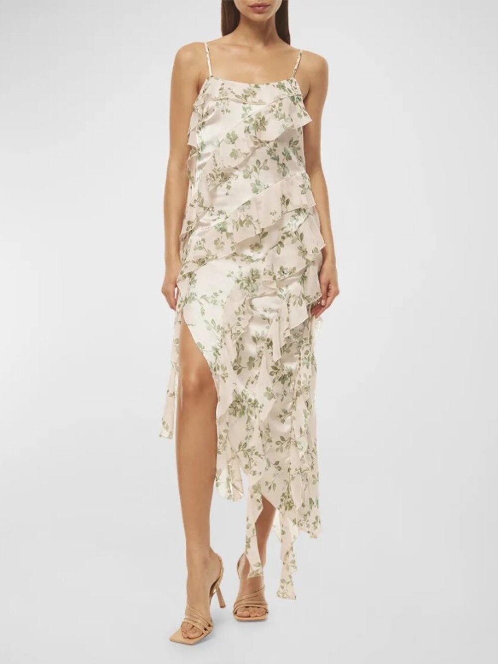 NWT $495 MISA Los Angeles ILYSA Midi Ruffle Dress Size Med White Floral Sage